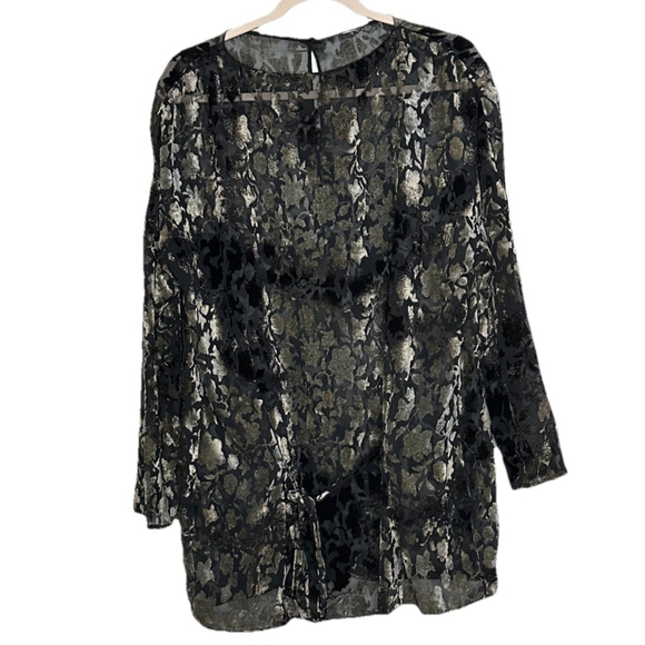 Unbranded Tops - Womens Black Velvet Burnout Tunic‎ Top Long Sleeve Black Gray Tie Waist Size XXL